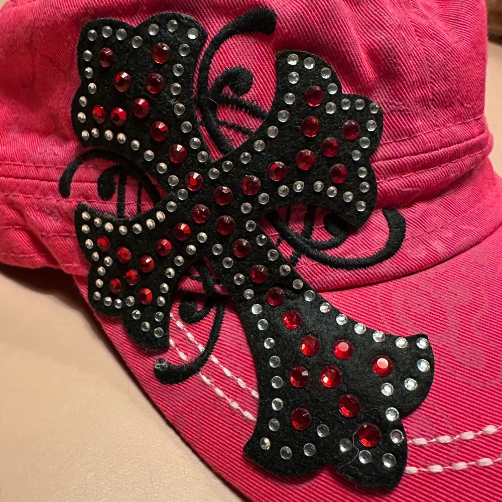 Pink (baseball style) Cap with black and red embellished gothic cross